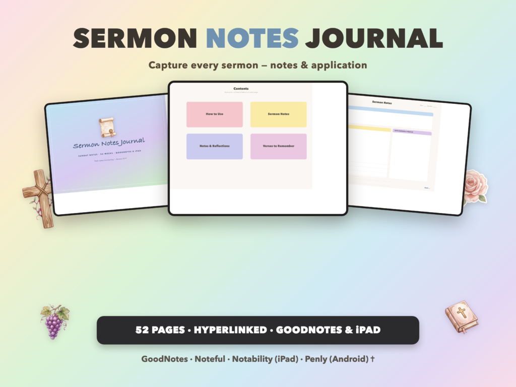 Sermon Notes Journal | Christian Digital Journal | Hyperlinked GoodNotes iPad | Faith Devotional
