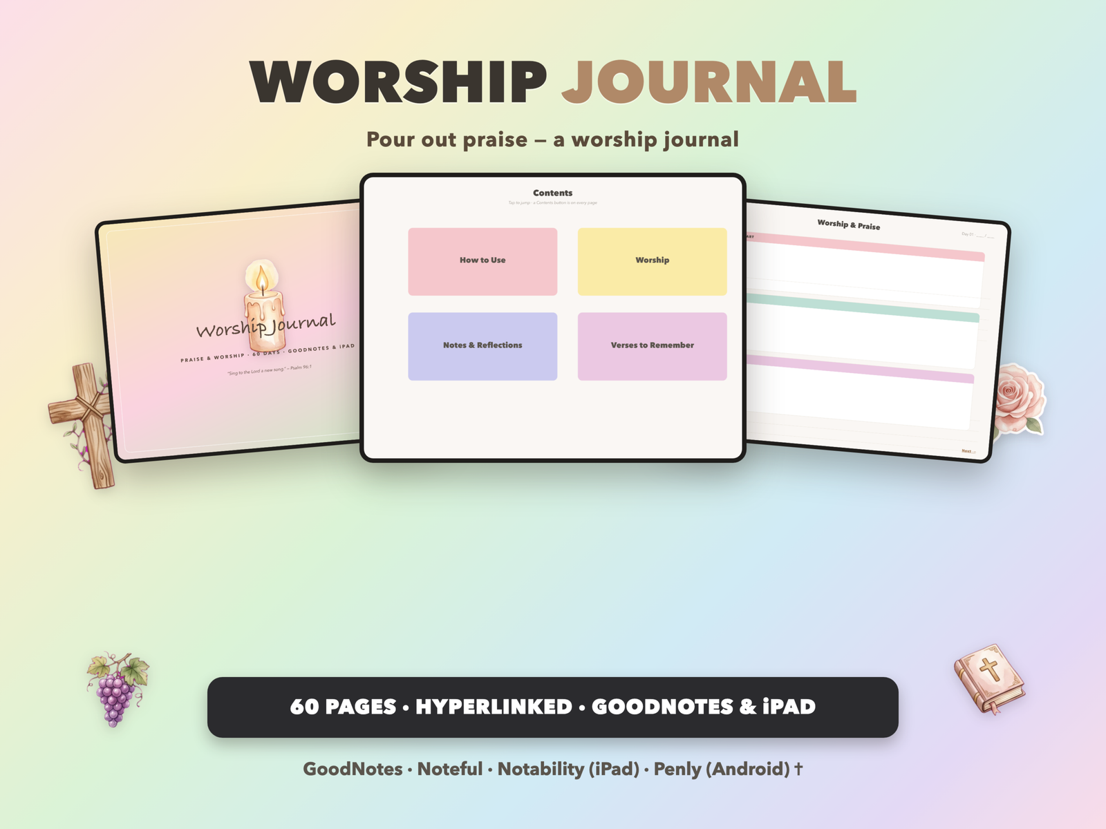 Worship Journal | Christian Digital Journal | Hyperlinked GoodNotes iPad | Faith Devotional