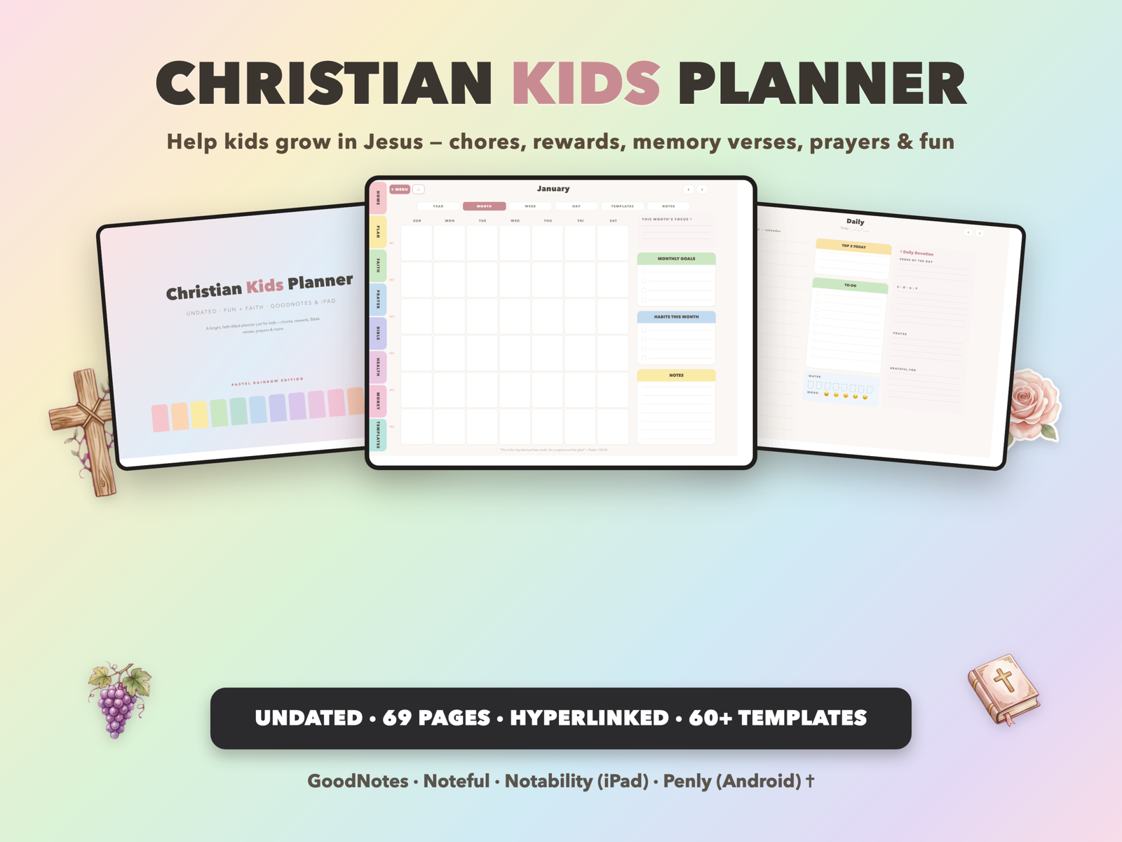 Christian Kids Planner Undated | Christian Faith Planner GoodNotes iPad | Pastel Rainbow