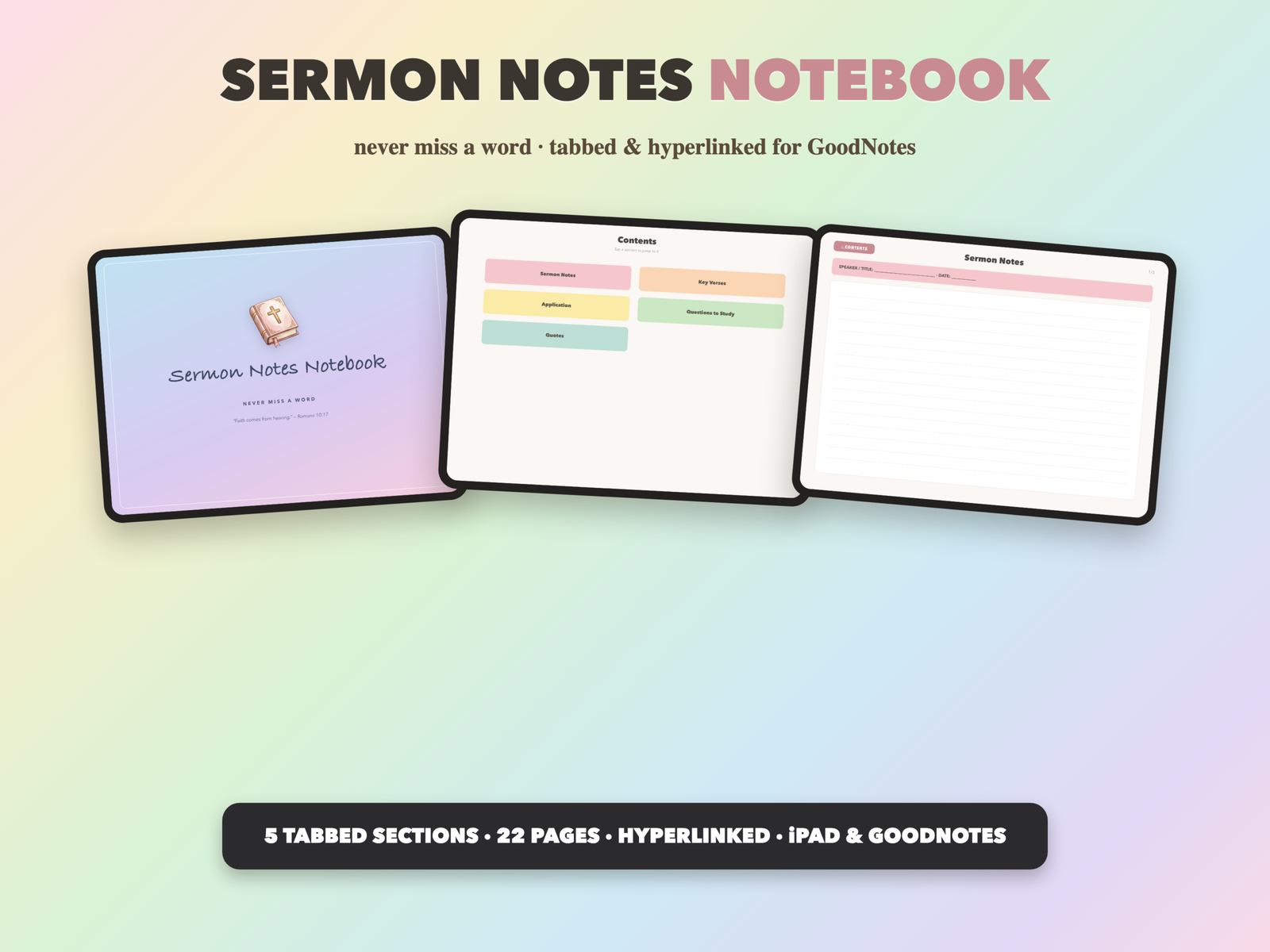 Sermon Notes Notebook | Christian Digital Notebook | Tabbed Hyperlinked GoodNotes iPad | Bible
