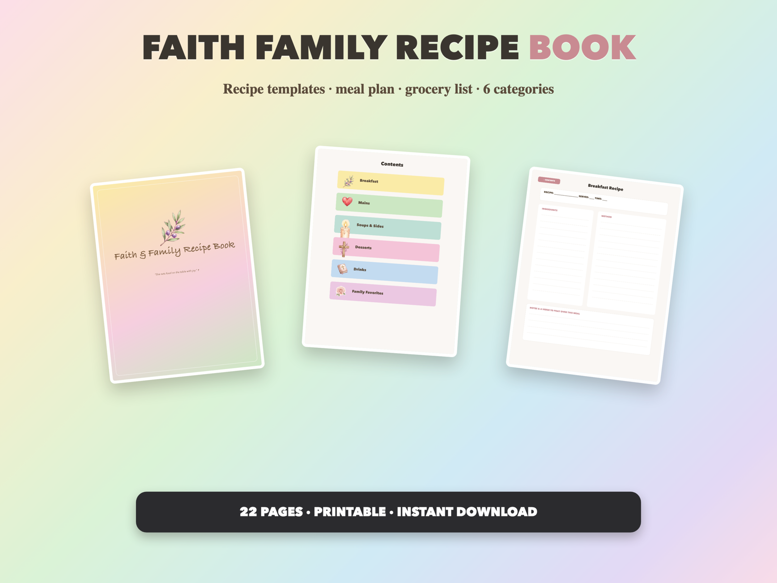 Faith Family Recipe Book | Christian Printable | Faith Digital Download | Bible | Instant Download