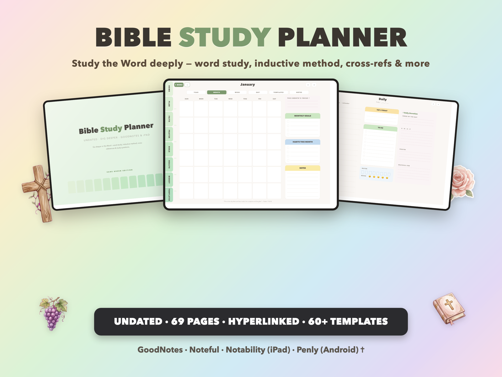 Bible Study Planner Undated | Christian Faith Planner GoodNotes iPad | Sage Green