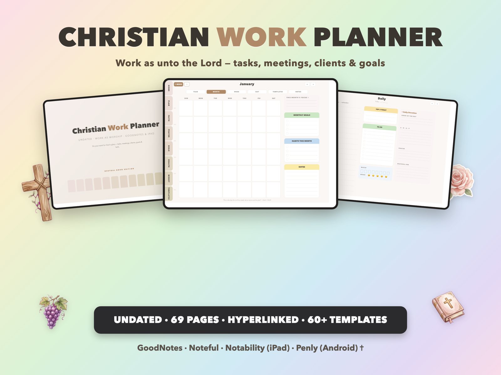Christian Work Planner Undated | Christian Faith Planner GoodNotes iPad | Neutral Boho