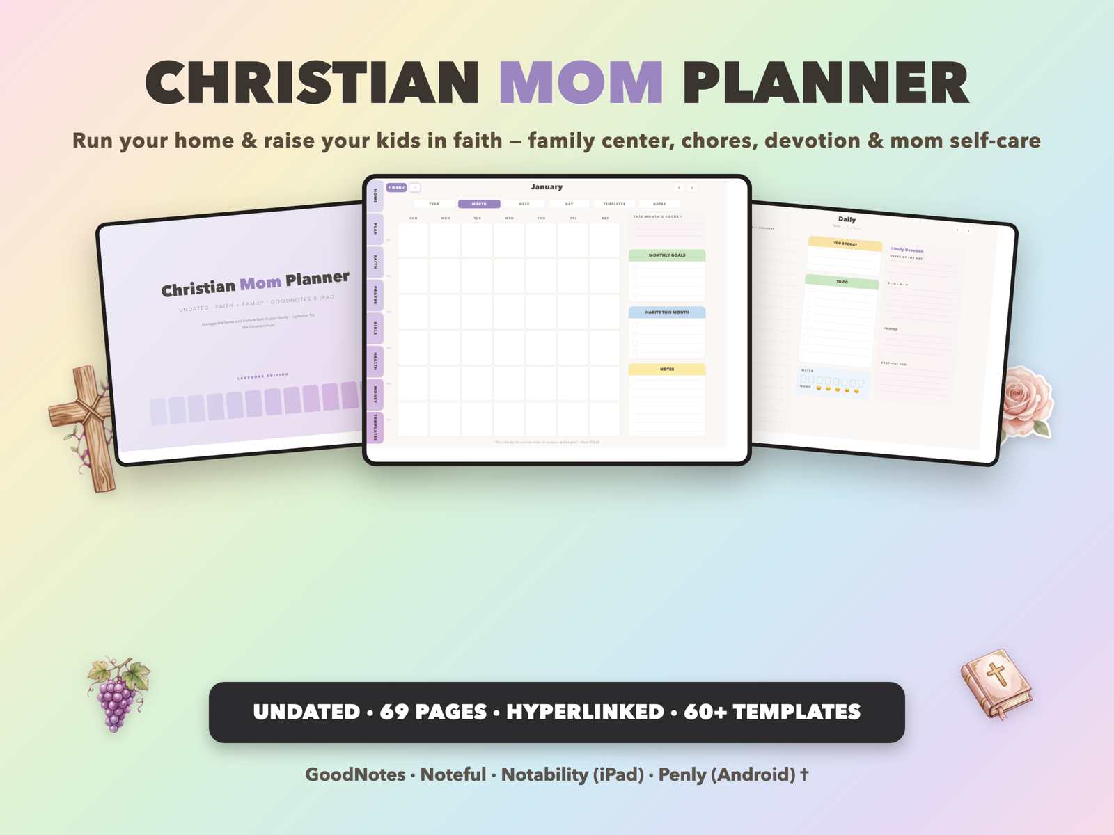 Christian Mom Planner Undated | Christian Faith Planner GoodNotes iPad | Lavender