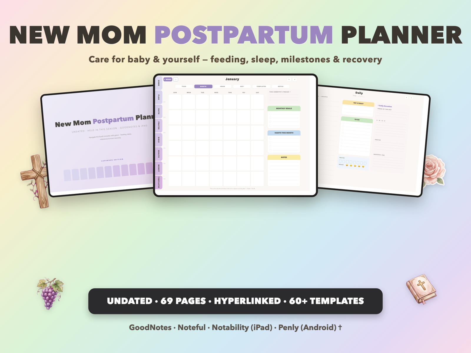 New Mom Postpartum Planner Undated | Christian Faith Planner GoodNotes iPad | Lavender