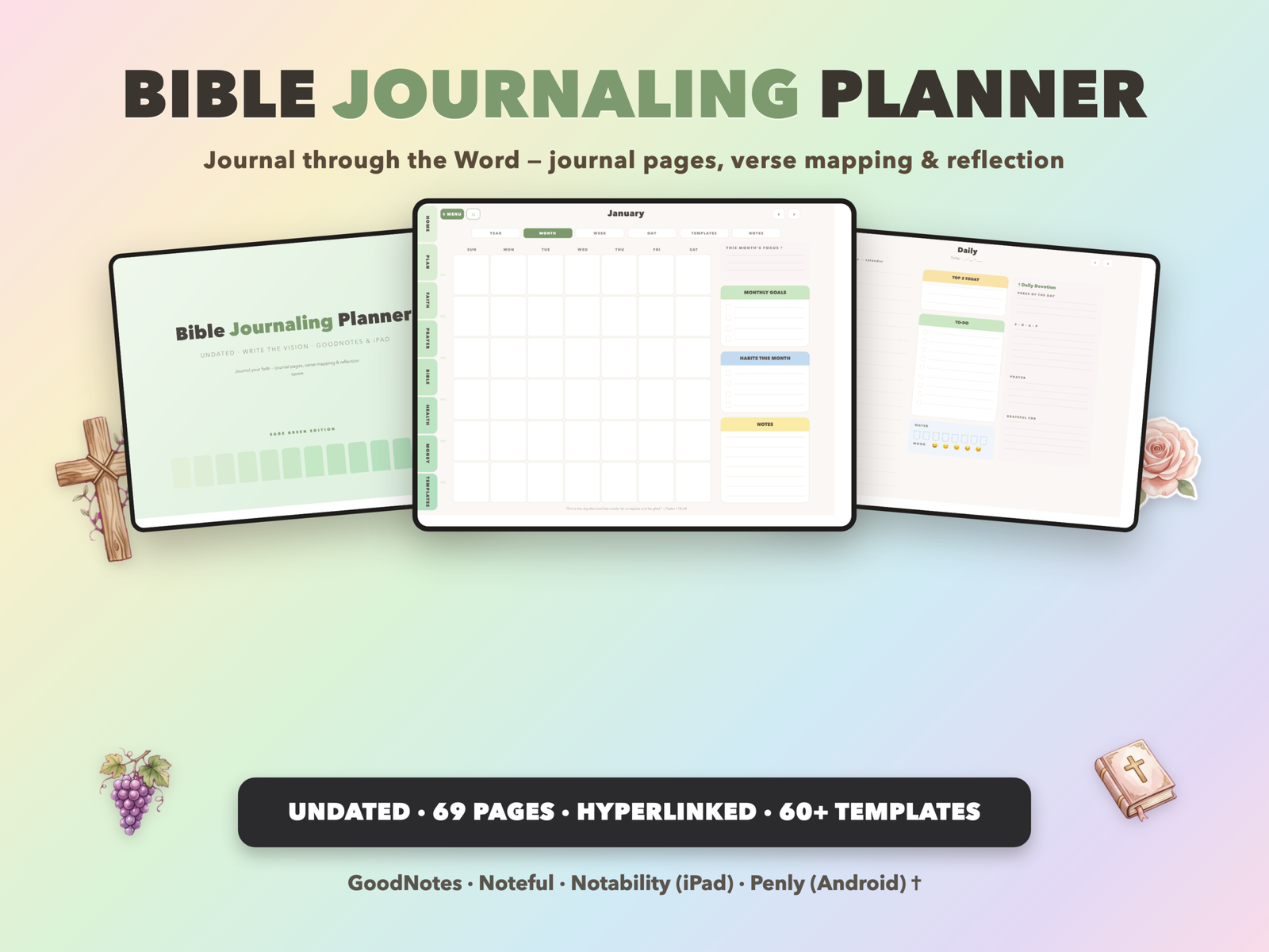 Bible Journaling Planner Undated | Christian Faith Planner GoodNotes iPad | Sage Green