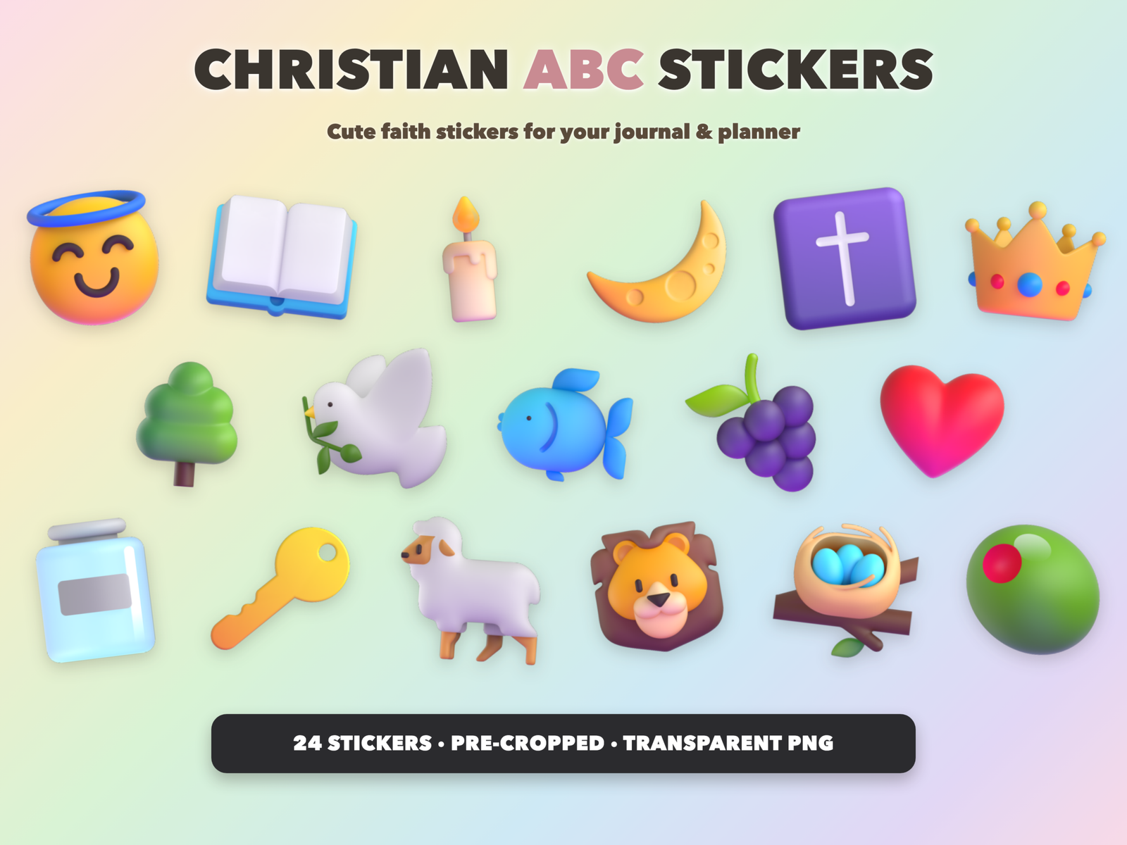 Christian ABC Stickers | Christian Digital Stickers | Bible Journaling GoodNotes Pre-Cropped PNG | Sunday School