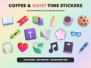 Coffee & Quiet Time Stickers | Christian Digital Stickers | Bible Journaling GoodNotes Pre-Cropped PNG | Sunday School