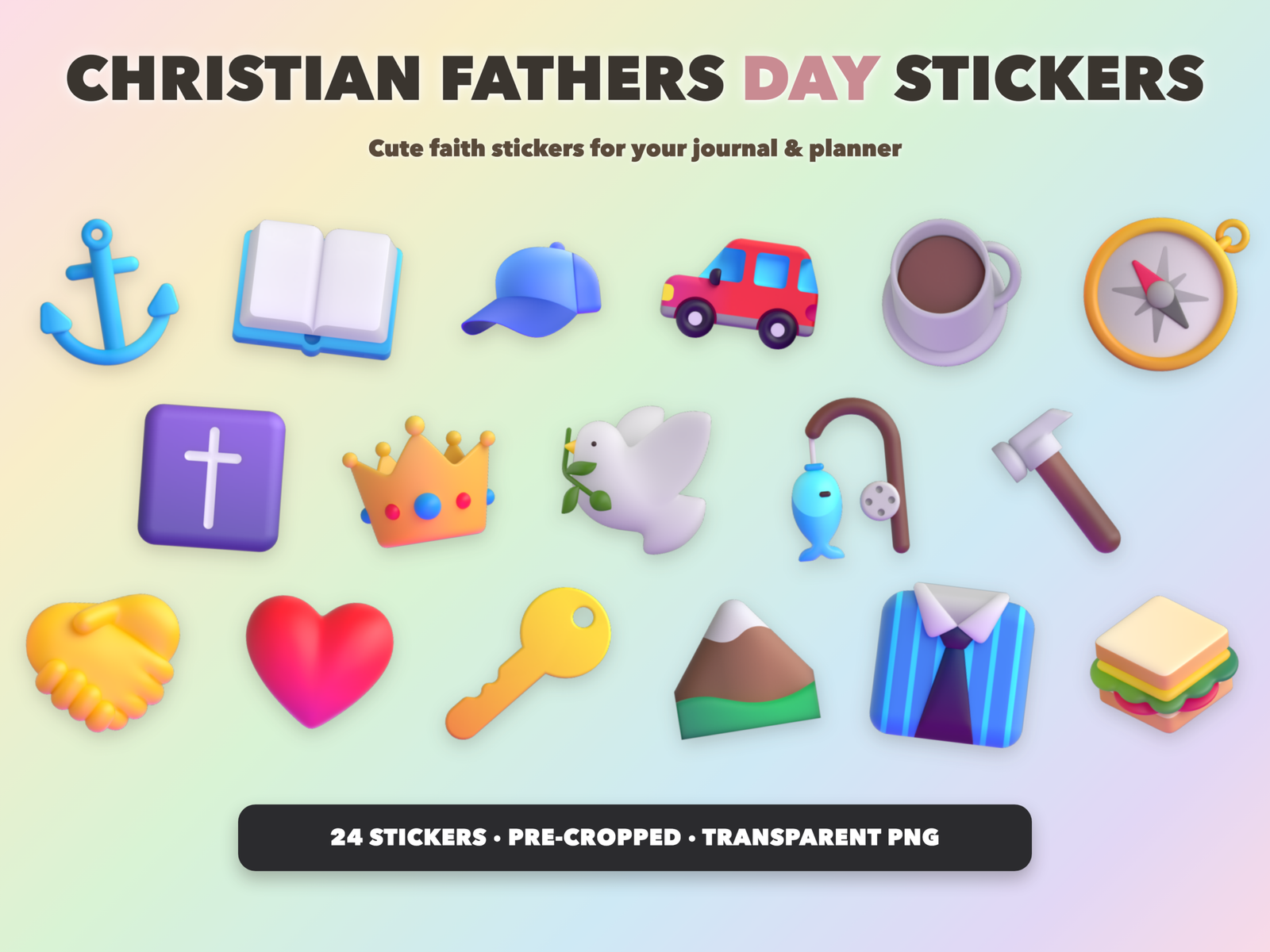 Christian Fathers Day Stickers | Christian Digital Stickers | Bible Journaling GoodNotes Pre-Cropped PNG | Sunday School