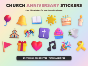 Church Anniversary Stickers | Christian Digital Stickers | Bible Journaling GoodNotes Pre-Cropped PNG | Sunday School