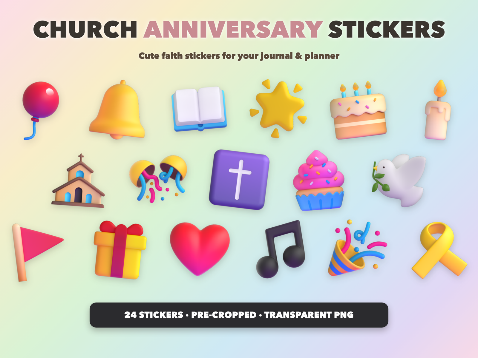 Church Anniversary Stickers | Christian Digital Stickers | Bible Journaling GoodNotes Pre-Cropped PNG | Sunday School