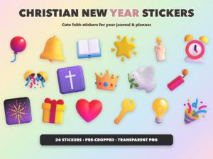 Christian New Year Stickers | Christian Digital Stickers | Bible Journaling GoodNotes Pre-Cropped PNG | Sunday School