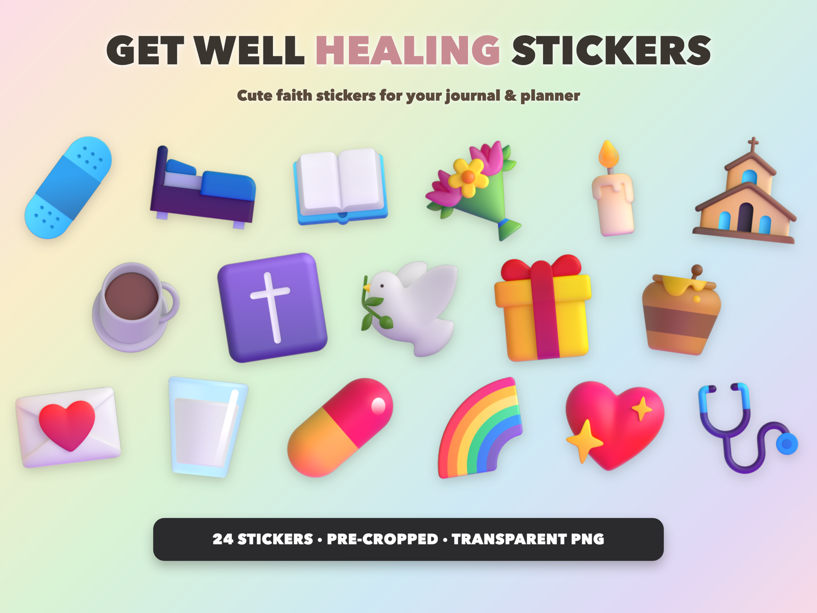 Get Well Healing Stickers | Christian Digital Stickers | Bible Journaling GoodNotes Pre-Cropped PNG | Sunday School