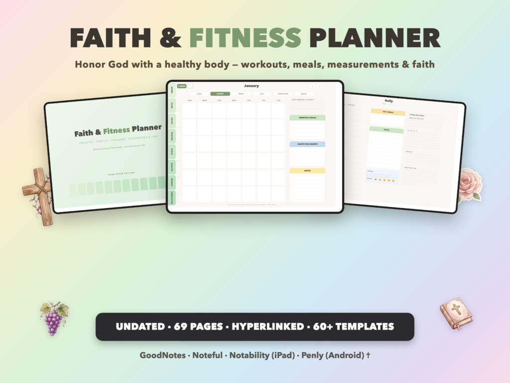 Faith & Fitness Planner Undated | Christian Faith Planner GoodNotes iPad | Sage Green