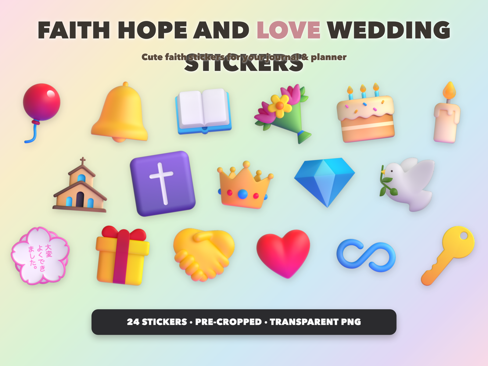 Faith Hope and Love Wedding Stickers | Christian Digital Stickers | Bible Journaling GoodNotes Pre-Cropped PNG | Sunday School