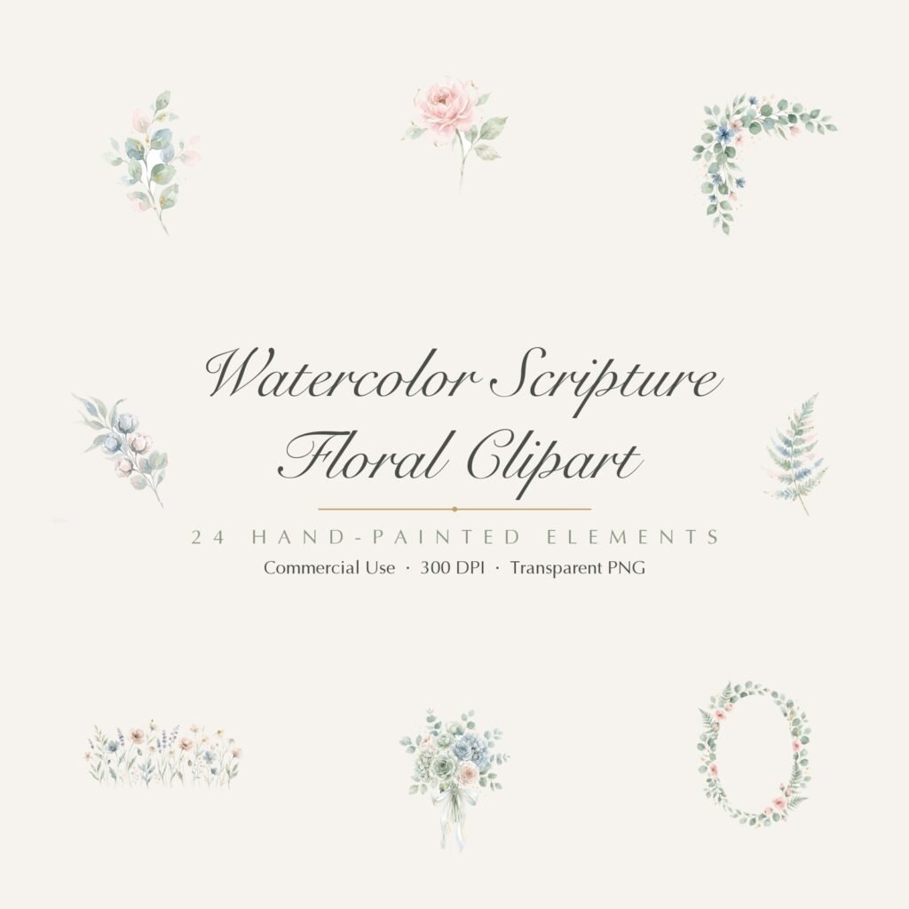 Watercolor Scripture Floral Clipart, 24 PNG, Floral Wreaths Frames for Bible Verse, Commercial Use, Christian Wedding Sublimation, Download