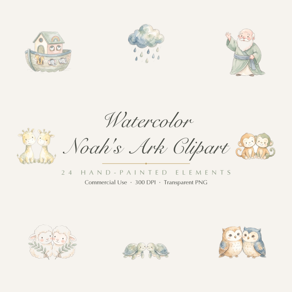 Watercolor Noah's Ark Clipart, 24 PNG, Cute Baby Animals Rainbow Nursery, Commercial Use, Baby Shower Sublimation, Download