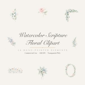 Watercolor Scripture Floral Clipart, 24 PNG, Floral Wreaths Frames for Bible Verse, Commercial Use, Christian Wedding Sublimation, Download