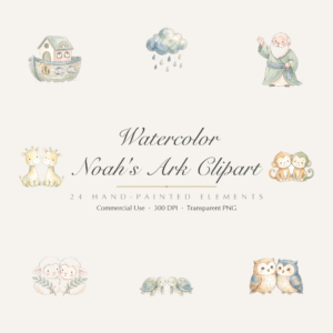 Watercolor Noah's Ark Clipart, 24 PNG, Cute Baby Animals Rainbow Nursery, Commercial Use, Baby Shower Sublimation, Download