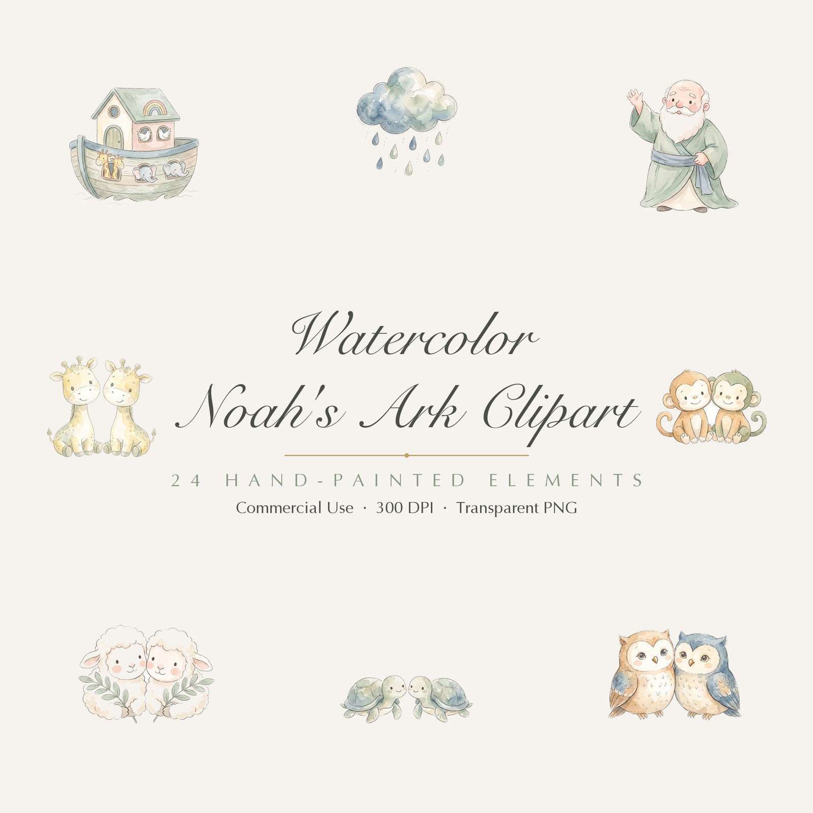 Watercolor Noah's Ark Clipart, 24 PNG, Cute Baby Animals Rainbow Nursery, Commercial Use, Baby Shower Sublimation, Download