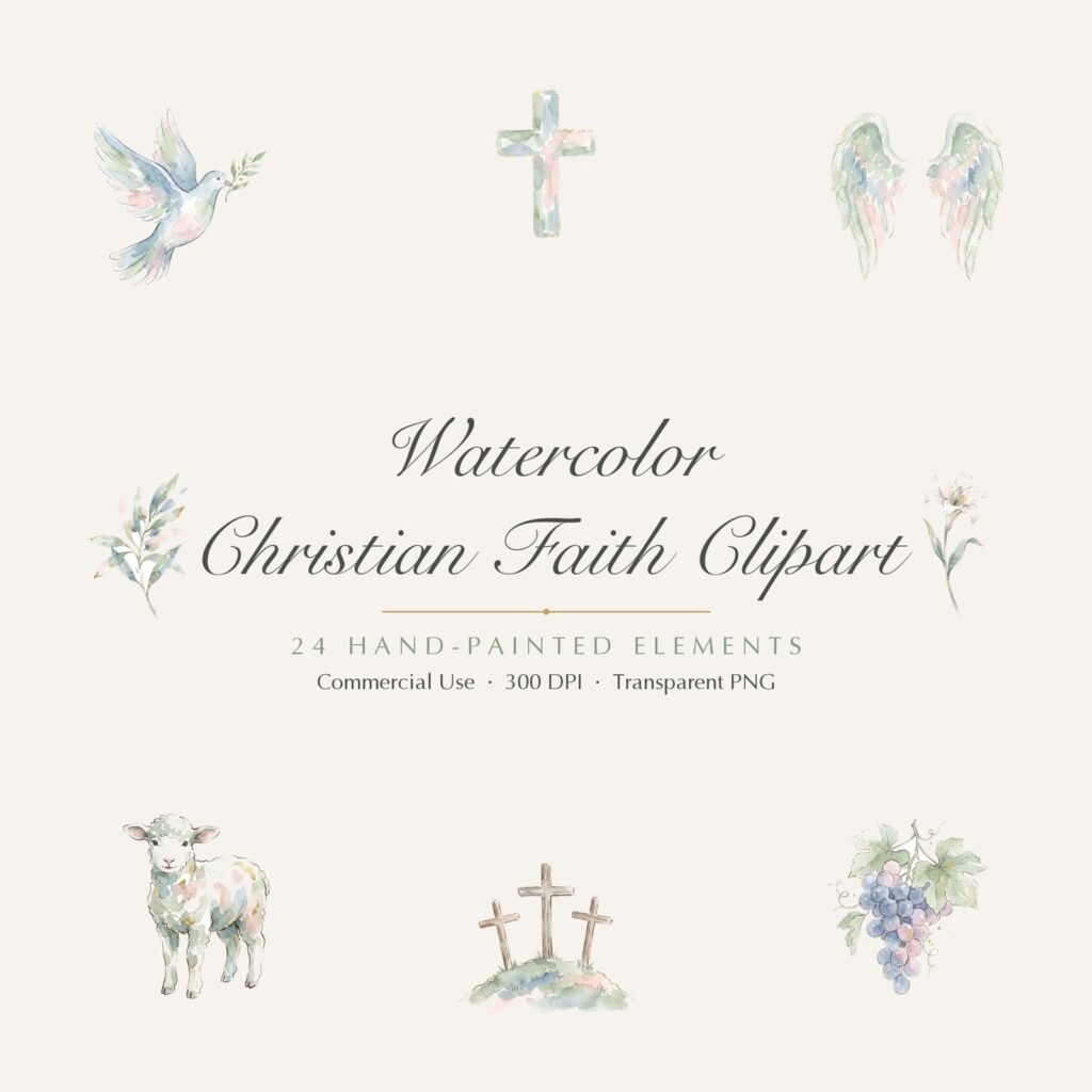 Watercolor Christian Faith Clipart, 24 PNG, Cross Dove Lamb Communion, Commercial Use, Religious Sublimation Graphics, Digital Download