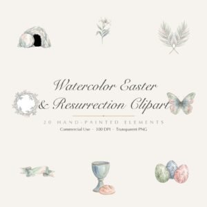 Watercolor Easter Resurrection Clipart, 20 PNG, Empty Tomb Cross Lily He Is Risen, Commercial Use, Christian Sublimation, Digital Download