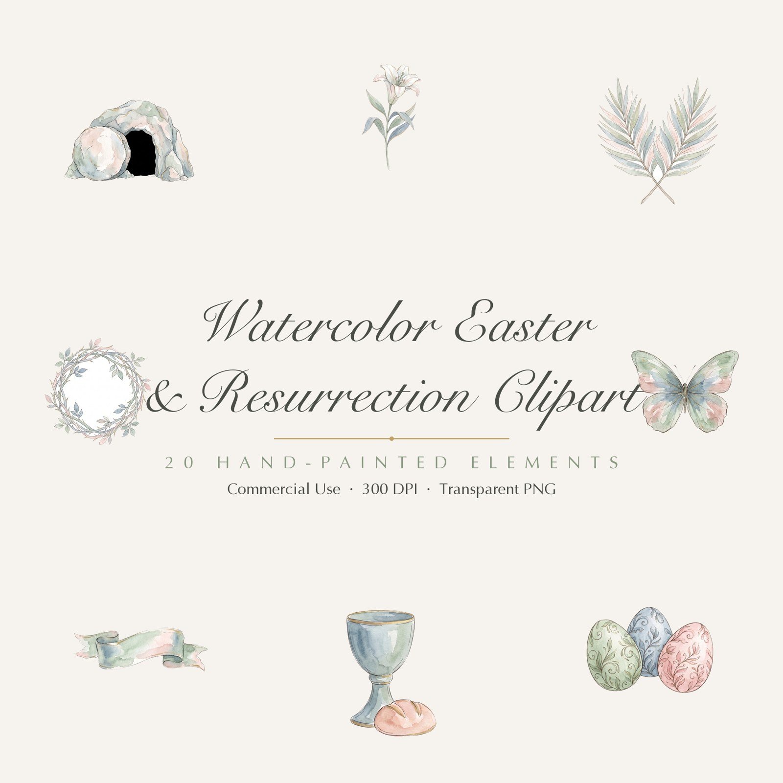 Watercolor Easter Resurrection Clipart, 20 PNG, Empty Tomb Cross Lily He Is Risen, Commercial Use, Christian Sublimation, Digital Download