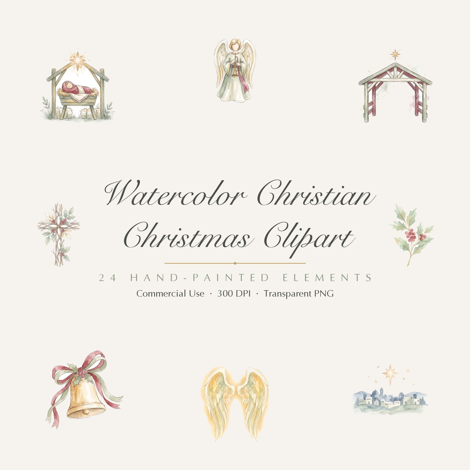 Watercolor Christian Christmas Clipart, 24 PNG, Nativity Wise Men Angel Advent, Commercial Use Religious Sublimation, Digital Download