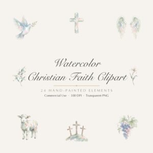 Watercolor Christian Faith Clipart, 24 PNG, Cross Dove Lamb Communion, Commercial Use, Religious Sublimation Graphics, Digital Download