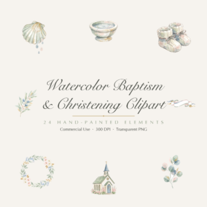 Watercolor Baptism Clipart, 24 PNG, Christening Cross Dove Shell Font, Commercial Use, Baby Baptism Sublimation, Digital Download