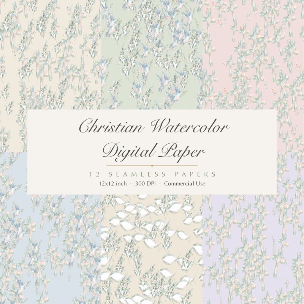 Christian Watercolor Digital Paper, 12 Seamless 12x12 Backgrounds, Cross Dove Faith Scrapbook Paper, Commercial Use, Junk Journal Download