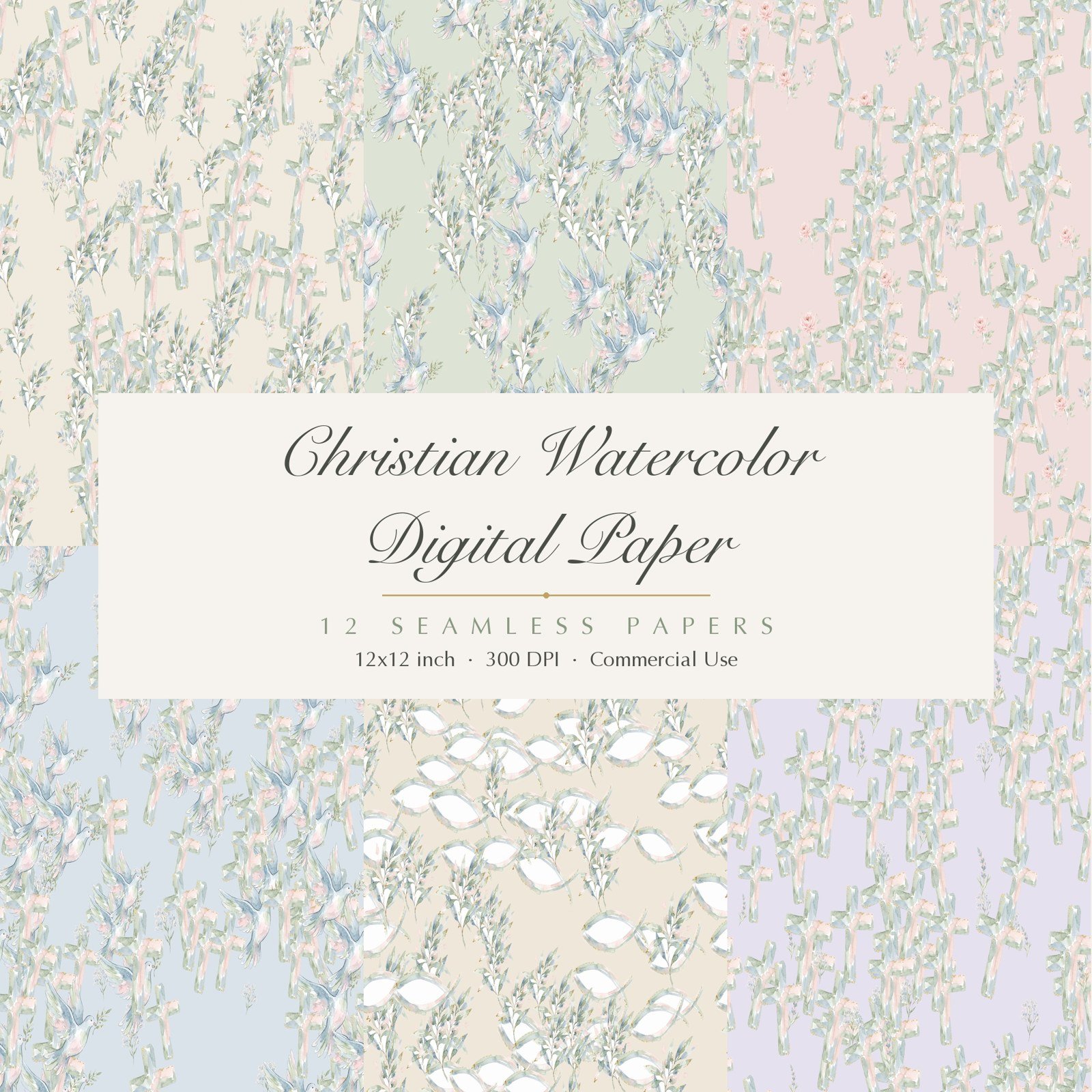 Christian Watercolor Digital Paper, 12 Seamless 12x12 Backgrounds, Cross Dove Faith Scrapbook Paper, Commercial Use, Junk Journal Download