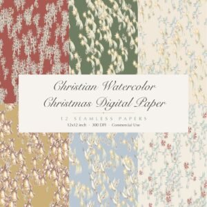Christian Christmas Digital Paper, 12 Seamless 12x12 Backgrounds, Nativity Cross Star Holly Scrapbook Paper, Commercial Use Junk Journal