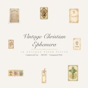 Vintage Christian Ephemera, 10 PNG, Antique Hymnal Holy Card Cross Tags Stamps, Junk Journal Bible Journaling, Commercial Use Download