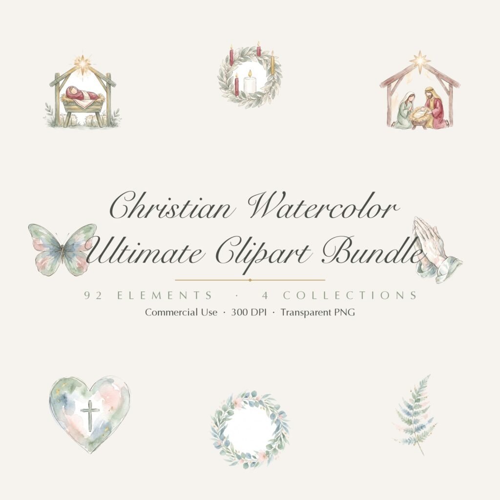 Ultimate Christian Watercolor Clipart Bundle, 92 PNG, Faith Floral Easter Nativity, Cross Dove Lamb, Commercial Use Sublimation Download