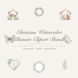 Ultimate Christian Watercolor Clipart Bundle, 92 PNG, Faith Floral Easter Nativity, Cross Dove Lamb, Commercial Use Sublimation Download