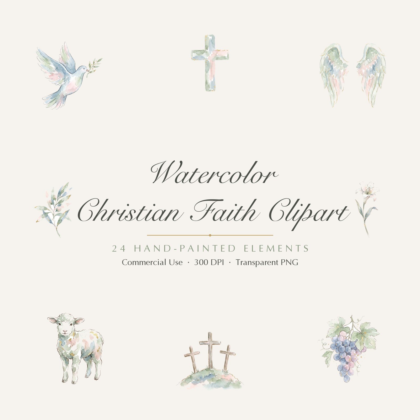 Watercolor Christian Faith Clipart, 24 PNG, Cross Dove Lamb Communion, Commercial Use, Religious Sublimation Graphics, Digital Download