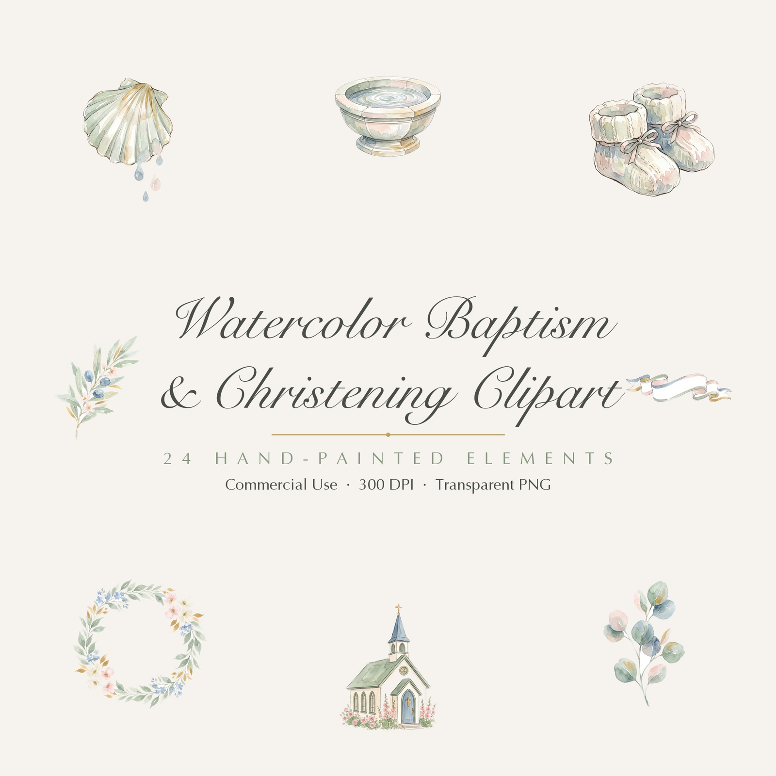 Watercolor Baptism Clipart, 24 PNG, Christening Cross Dove Shell Font, Commercial Use, Baby Baptism Sublimation, Digital Download