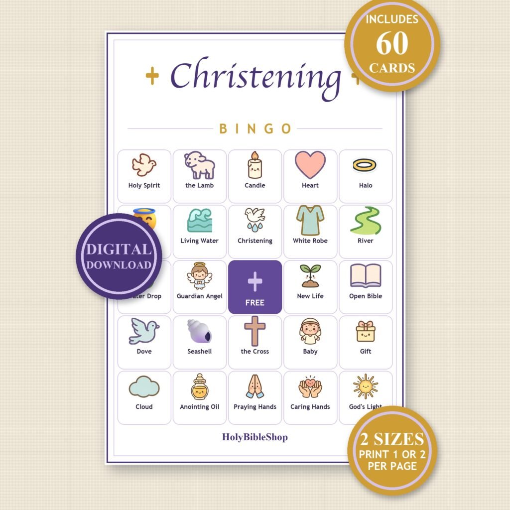Christening Bingo, 60 Printable Cards, Godparent Gift, Christening Party Game, Naming Day Activity, Sunday School, Kids Bible Game