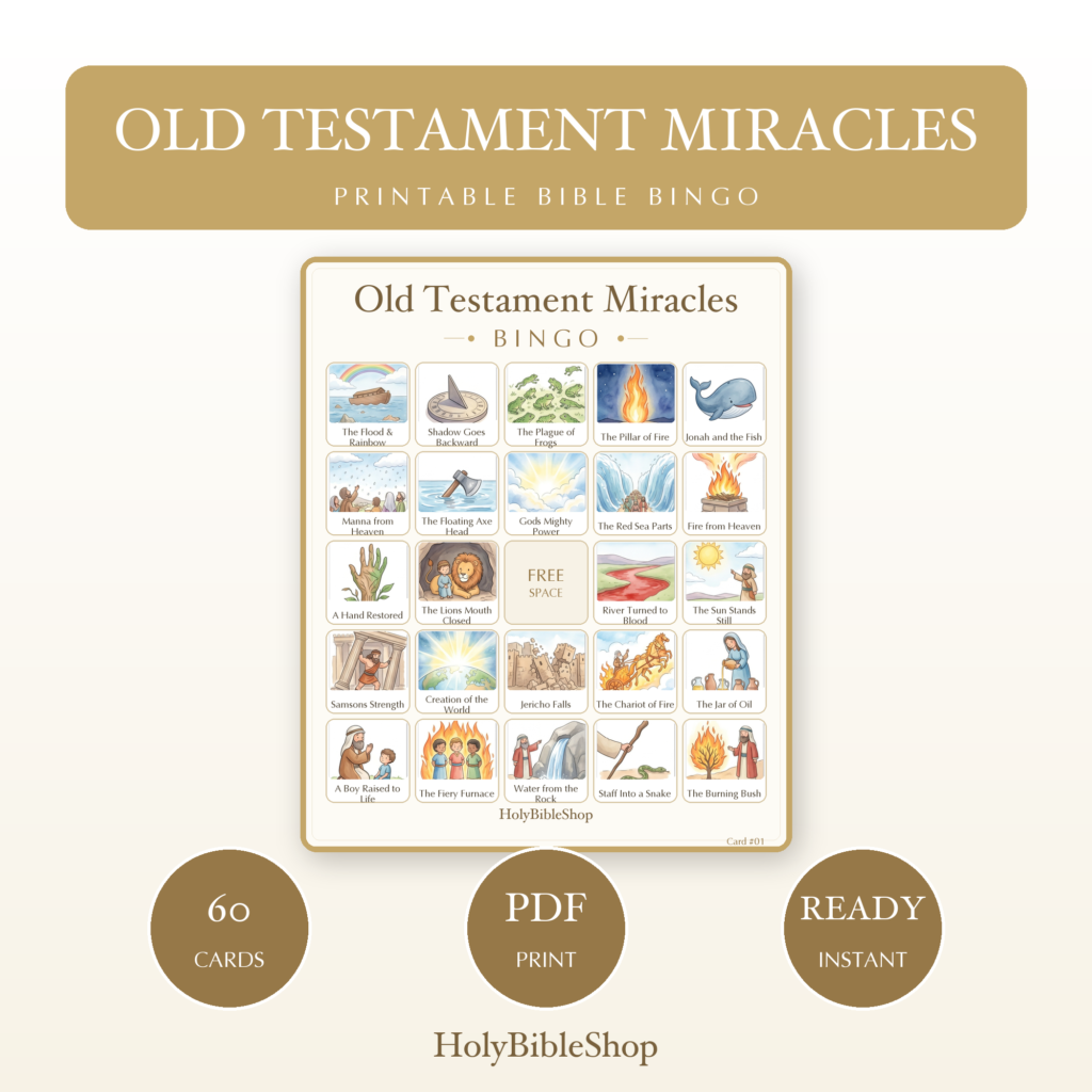 Old Testament Miracles Bingo | Printable Bible Bingo Game for Kids | 60 Cards Sunday School VBS Christian Watercolor PDF