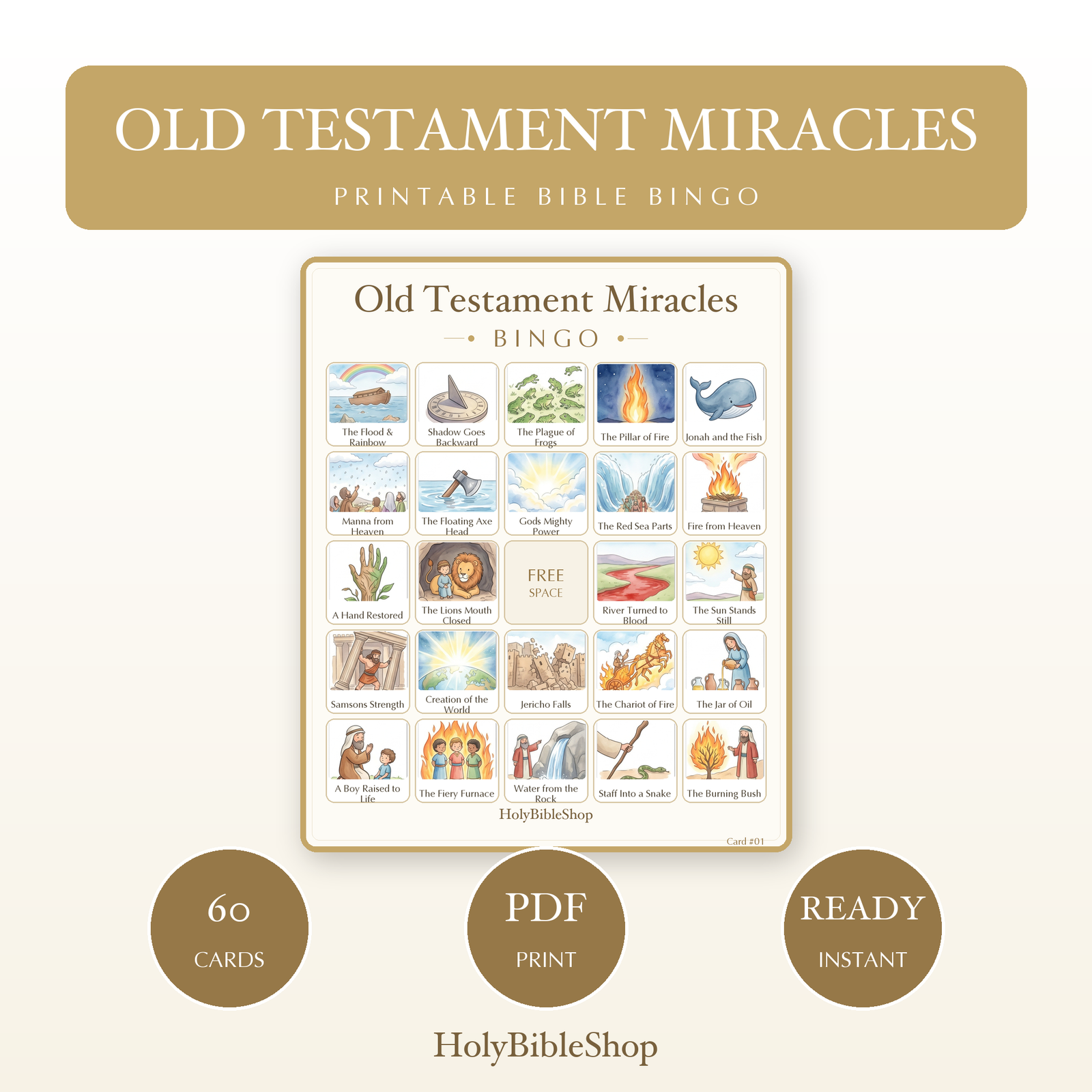 Old Testament Miracles Bingo | Printable Bible Bingo Game for Kids | 60 Cards Sunday School VBS Christian Watercolor PDF