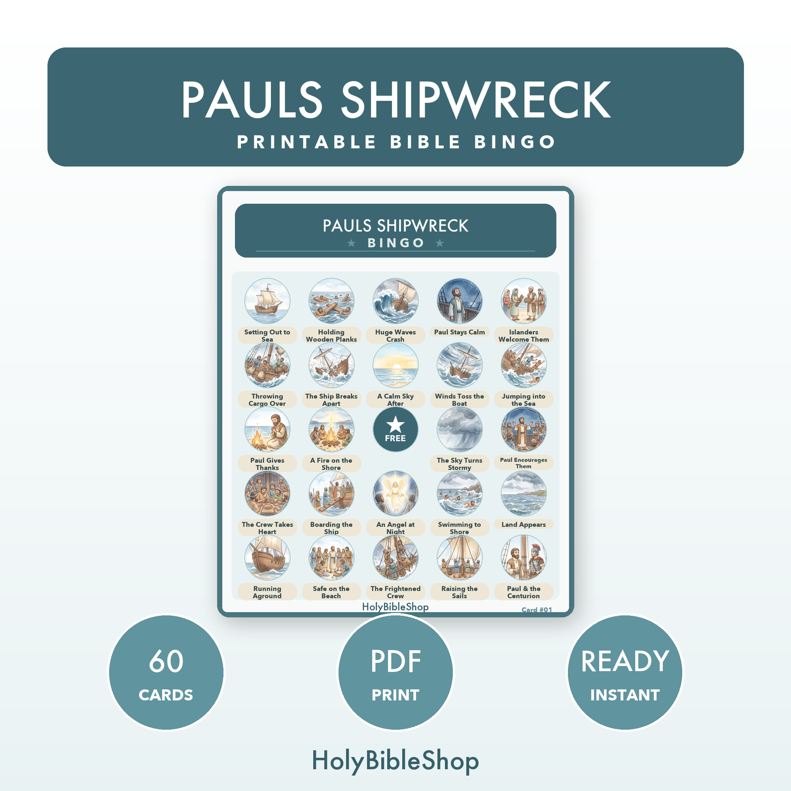 Pauls Shipwreck Bingo | Printable Bible Bingo Game for Kids | 60 Cards Sunday School VBS Christian Watercolor PDF