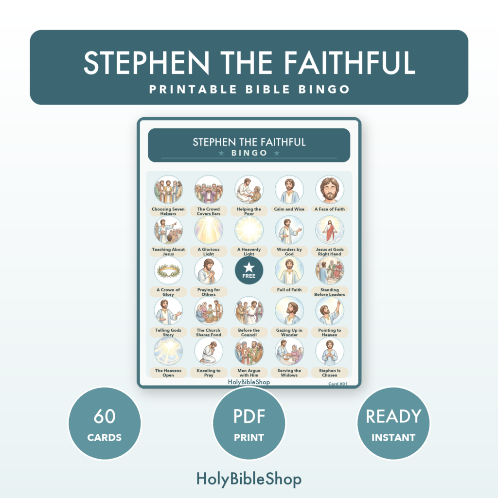Stephen The Faithful Bingo | Printable Bible Bingo Game for Kids | 60 Cards Sunday School VBS Christian Watercolor PDF