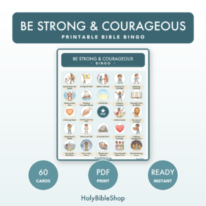 Be Strong & Courageous Bingo | Printable Bible Bingo Game for Kids | 60 Cards Sunday School VBS Christian Watercolor PDF