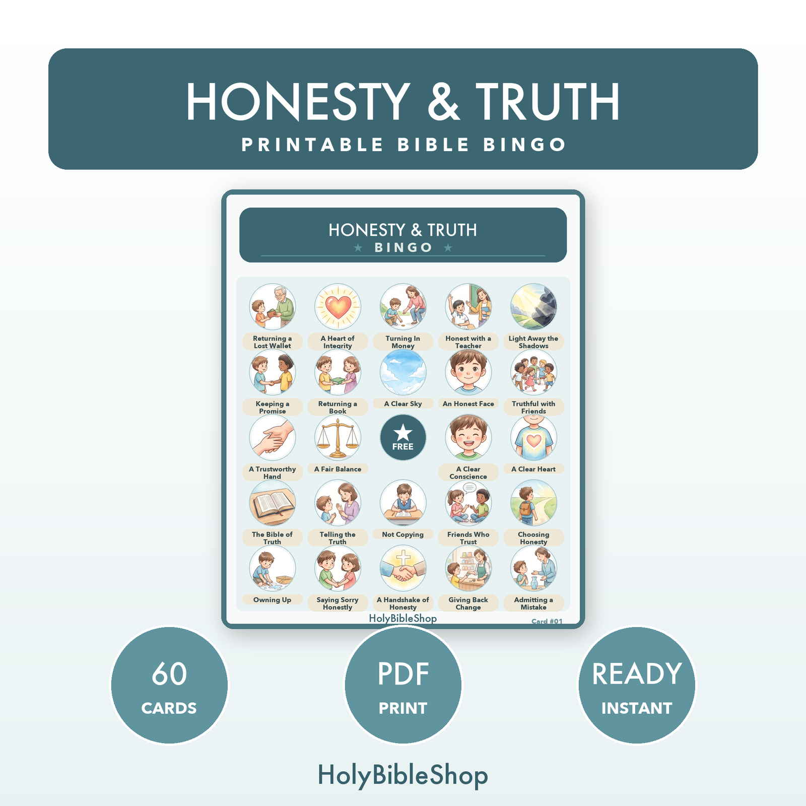 Honesty & Truth Bingo | Printable Bible Bingo Game for Kids | 60 Cards Sunday School VBS Christian Watercolor PDF