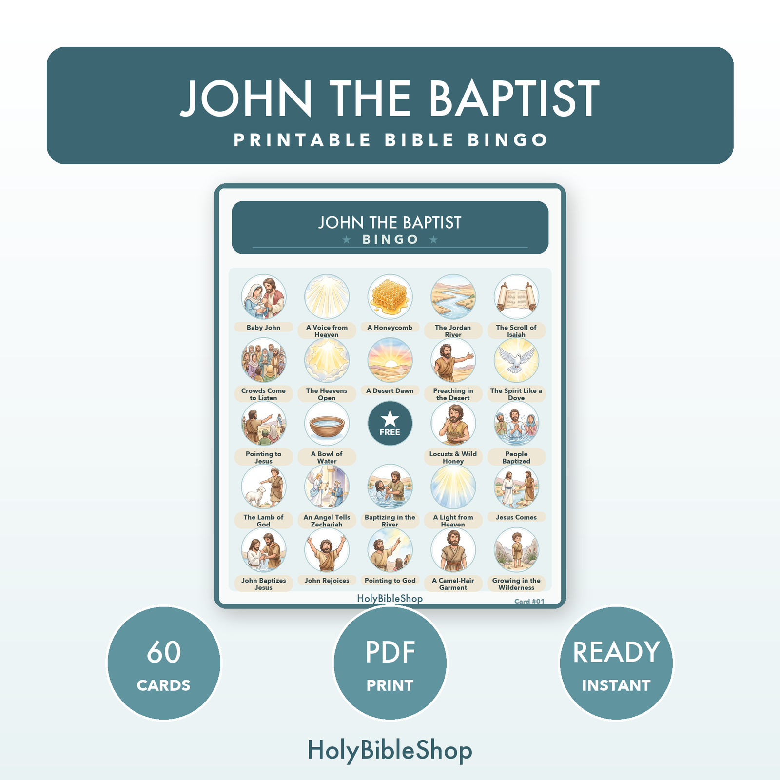 John The Baptist Bingo | Printable Bible Bingo Game for Kids | 60 Cards Sunday School VBS Christian Watercolor PDF