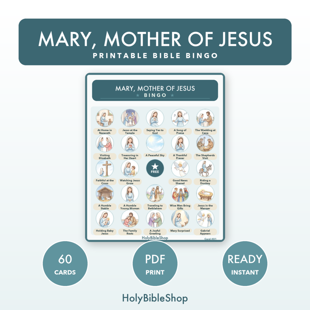 Mary, Mother Of Jesus Bingo | Printable Bible Bingo Game for Kids | 60 Cards Sunday School VBS Christian Watercolor PDF