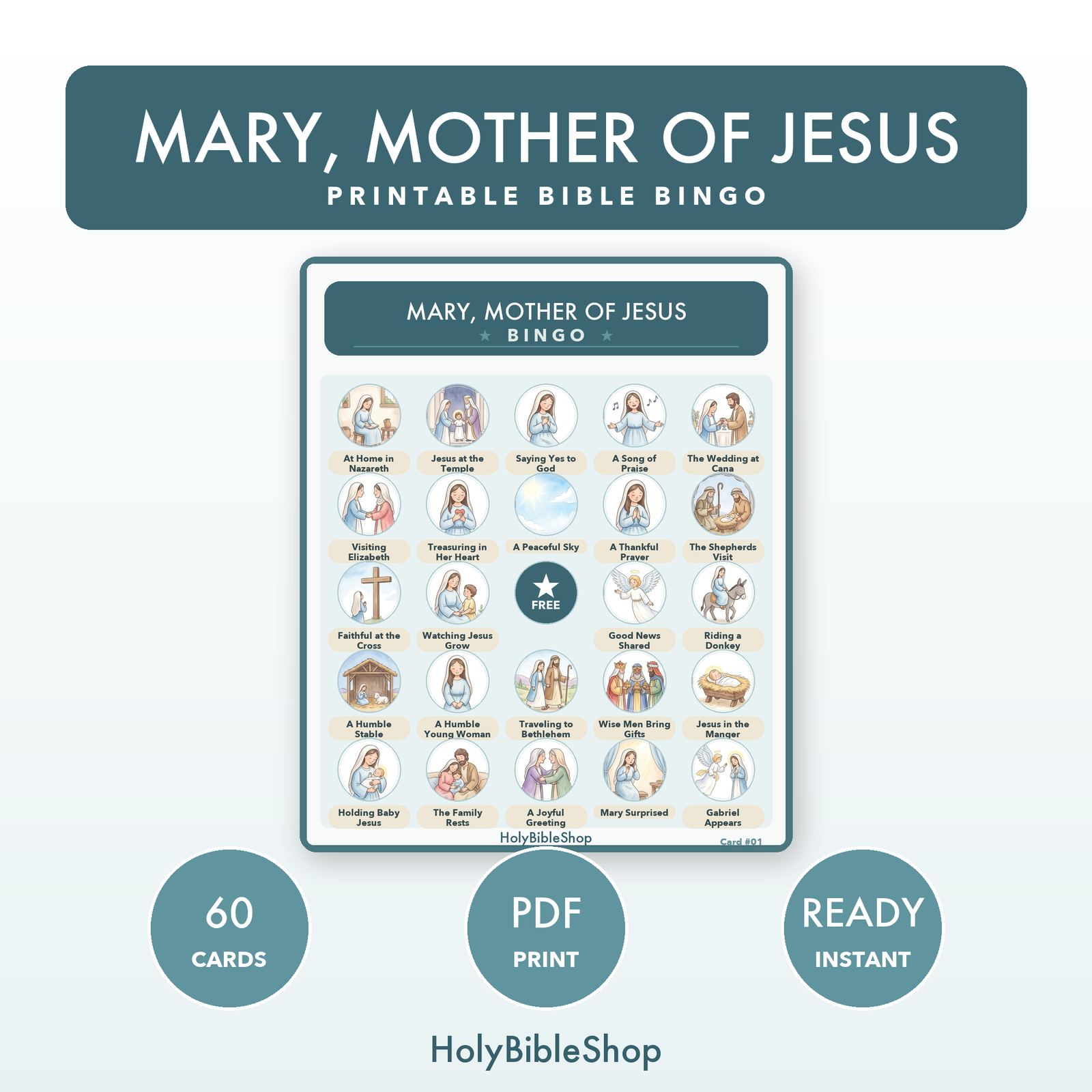 Mary, Mother Of Jesus Bingo | Printable Bible Bingo Game for Kids | 60 Cards Sunday School VBS Christian Watercolor PDF
