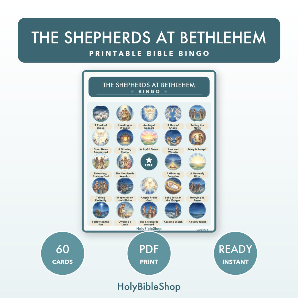 The Shepherds At Bethlehem Bingo | Printable Bible Bingo Game for Kids | 60 Cards Sunday School VBS Christian Watercolor PDF