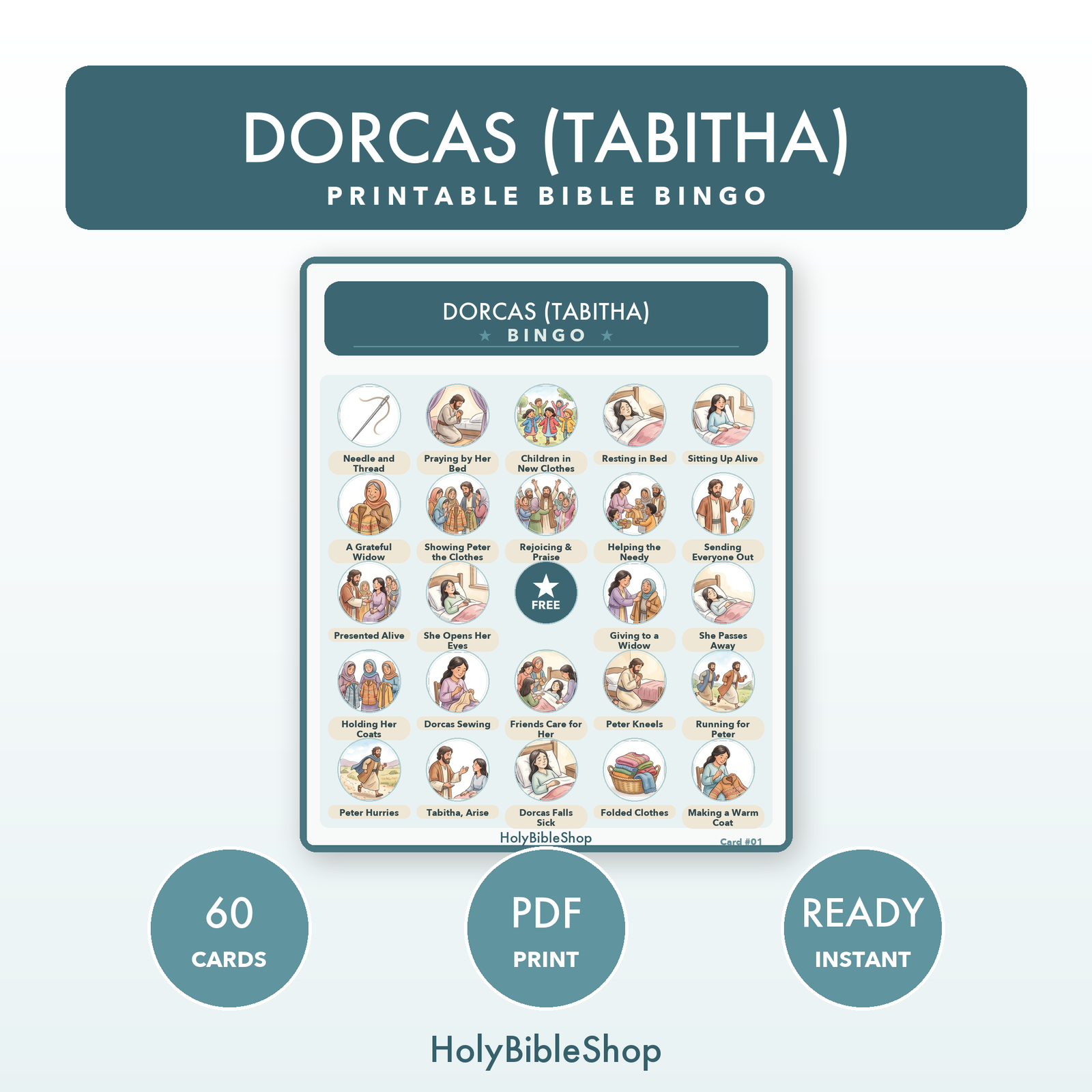 Dorcas (tabitha) Bingo | Printable Bible Bingo Game for Kids | 60 Cards Sunday School VBS Christian Watercolor PDF